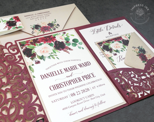 Burgundy Floral Lace Invitation with blush and deep red flowers, burgundy laser cut lace pocket folder