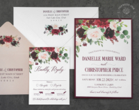 Burgundy Watercolor Floral Invitation with blush and deep red watercolor flowers and greenery