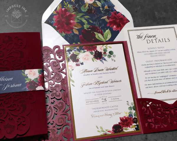 Burgundy Velvet Floral Invitation with gold foil accents and a velvet flocked laser cut lace pocket folder. Navy blue floral accents and floral envelope liners.