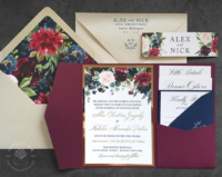 Burgundy Navy Floral Invitation with watercolor flower motif in a deep red pocket folder