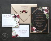 Geometric Moody Floral Invitation with geometric border and text in Rose Gold foil imprint, burgundy and blush watercolor flowers