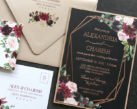 Geometric Moody Floral Invitation with geometric border and text in Rose Gold foil imprint, burgundy and blush watercolor flowers