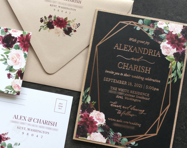 Geometric Moody Floral Invitation with geometric border and text in Rose Gold foil imprint, burgundy and blush watercolor flowers