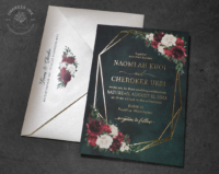 Forest Green Floral Invitation with moody dark green background, burgundy and blush flowers, and a gold geometric border.