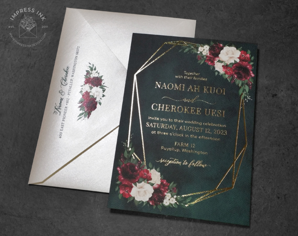 Forest Green Floral Invitation with moody dark green background, burgundy and blush flowers, and a gold geometric border.