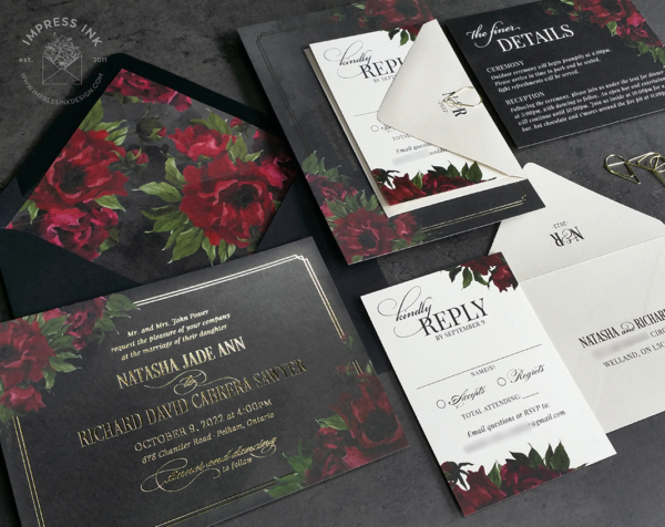 Moody Burgundy Floral Invitation with gold foil imprint on smokey black watercolor background, black envelopes with red peony watercolor liners