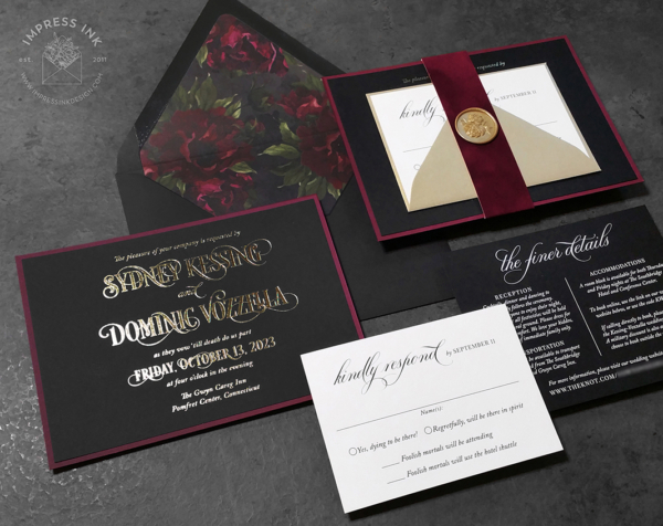 Gothic Black Gold Invitation with Burgundy floral accents and velvet bands