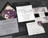Moody Burgundy Floral Invitation with gold foil imprint on smoky black watercolor background, black envelopes with red peony watercolor liners