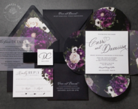 Moody Purple Letterpress Invitation with black text, black envelopes printed in white ink, modern purple dahlia liners, translucent vellum details cards