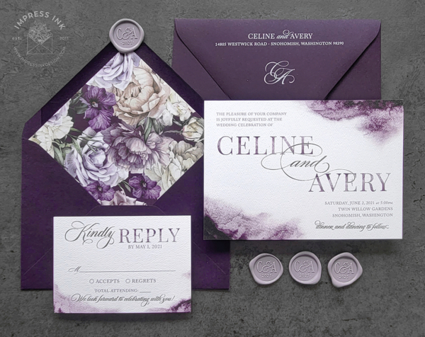 Moody Purple Watercolor Invitations with dark plum envelopes with floral liners and dusty mauve wax seals