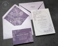 Purple Floral Sketch Invitation with line art flowers and oval border