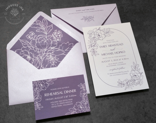 Purple Floral Sketch Invitation with line art flowers and oval border