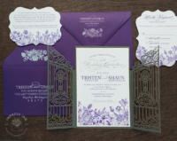 Purple Floral Gate Invitation with laser cut gate folder and purple sketched wildflowers