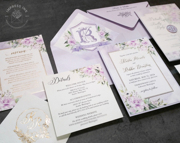 Lavender Floral Watercolor Invitation with metallic gold foil accents, light purple envelopes with monogram crest liners