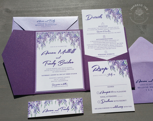Purple Wisteria Floral Invitation with light purple lavender envelopes and dark purple pocket folder