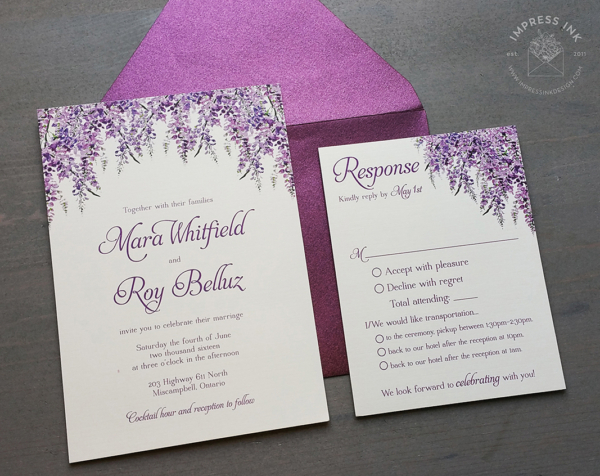Purple Wisteria Floral Invitation with shimmery purple envelopes