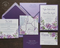 Purple Watercolor Floral Invitation with backing layers, details and reply cards