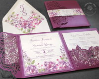 Purple Floral Pocket Invitation with laser cut roses pocket folder