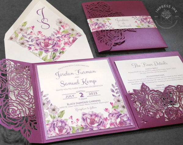 Purple Floral Pocket Invitation with laser cut roses pocket folder