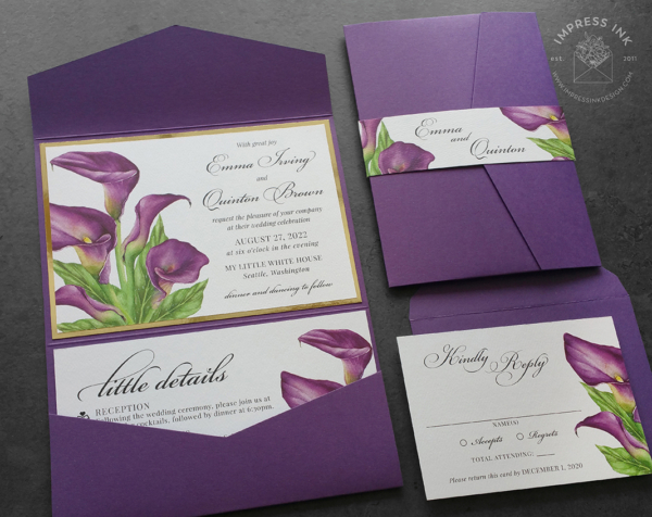 Purple Calla Lily Invitations with watercolor flowers, gold and purple backing layers