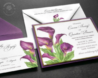 Purple Calla Lily Invitations with watercolor flowers, gold and purple backing layers