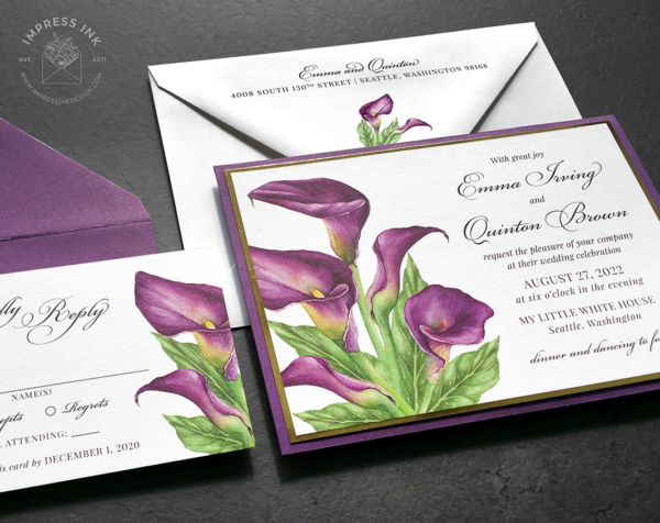 Purple Calla Lily Invitations with watercolor flowers, gold and purple backing layers