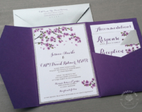 Purple Cherry Blossom Invitation with dark purple pocket folder and silver envelopes
