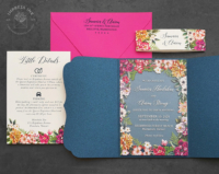 Tropical Floral Acrylic Invitation with Hawaiian watercolor flowers, hot pink accents, and navy gate folder Iris blue.