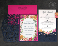 Tropical Floral Lace Invitation with Hawaiian watercolor flowers, hot pink accents, and laser cut lace pocket fold in navy blue.