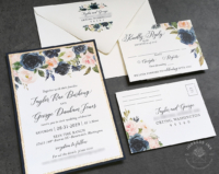 Blush Navy Floral Invitation with rose gold glitter and dark navy backing layer on a flat card