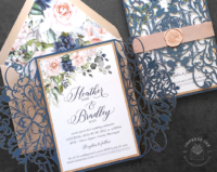 Navy Blush Flourish Invitation with ornate filigree folder, pink and blue flowers