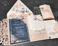 Pastel Floral Acrylic Invitation with blush and light blue flowers in a laser cut pocket folder