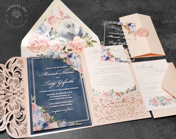 Pastel Floral Acrylic Invitation with blush and light blue flowers in a laser cut pocket folder