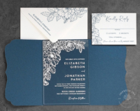 Floral Sketch Acrylic Invitation with white ink printing and shimmery navy folder. printed white envelopes
