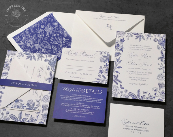 Blue Botanical Chinoiserie Invitation with royal blue floral and greenery sketches