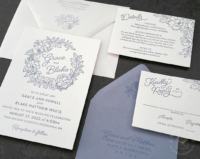 Blue Floral Wreath Invitation with line art flowers in letterpress imprint