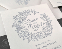 Blue Floral Wreath Invitation with line art flowers in letterpress imprint
