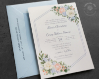 Peach Blue Floral Invitation with roses and hydrangeas and a French blue geometric border.
