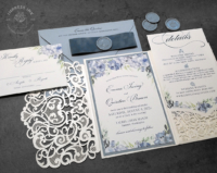 Blue Floral Lace Invitation with laser cut folder and blue watercolor florals.