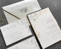 Gold Floral Sketch Invitation with line art flowers in gold foil imprint and gray accents