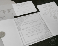 Floral Sketch Letterpress Invitation with pocket folder in white and light gray