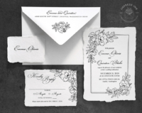 Black Floral Sketch Invitation with line art flowers, hand-torn edges and translucent vellum wraps