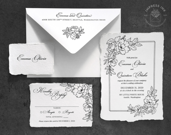 Black Floral Sketch Invitation with line art flowers, hand-torn edges and translucent vellum wraps