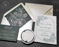 Evergreen Floral Letterpress Invitation with dark hunter green details cards and envelope liners