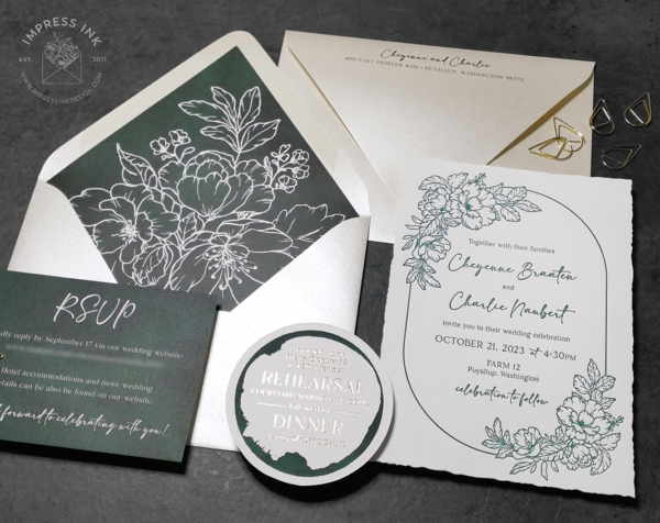 Evergreen Floral Letterpress Invitation with dark hunter green details cards and envelope liners