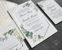 Cream Floral Greenery Invitation with gold foil geometric border