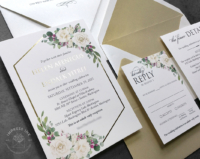 Cream Purple Floral Invitation with greenery and gold foil geometric border