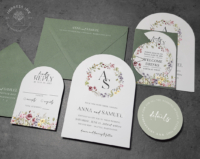 Wildflower Monogram Arch Invitation with seedling green envelopes and reply cards