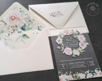 Floral Wreath Acrylic Invitation with light blush pink flowers on a clear card.