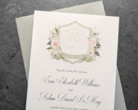 Green Floral Crest Invitation with monogram debossed in a no-ink letterpress imprint.